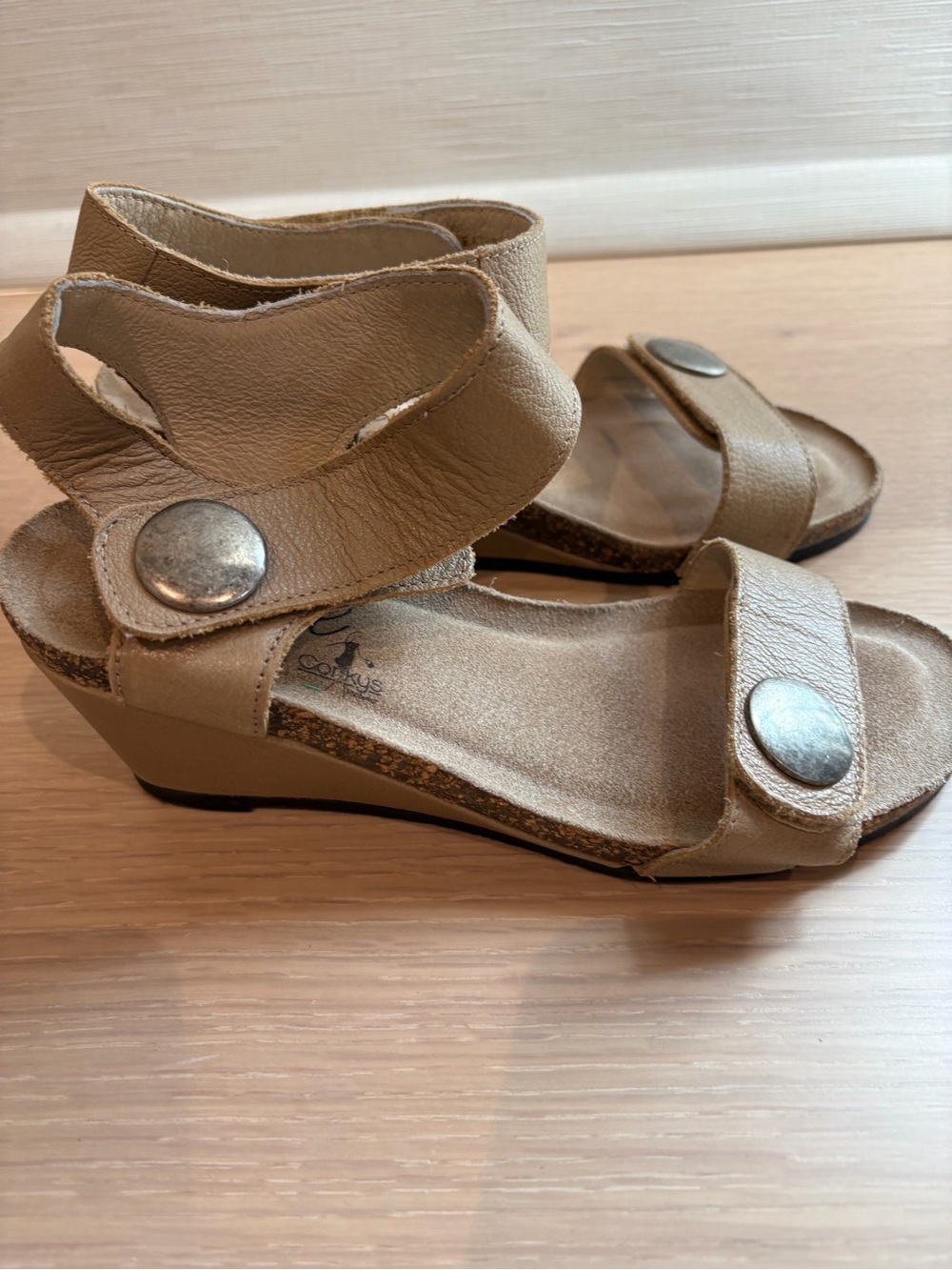 Corkys Tan Beige Low Wedge Sandals with Silver Button Detail